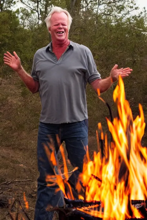 Image similar to kevin tighe floating above a fire laughing