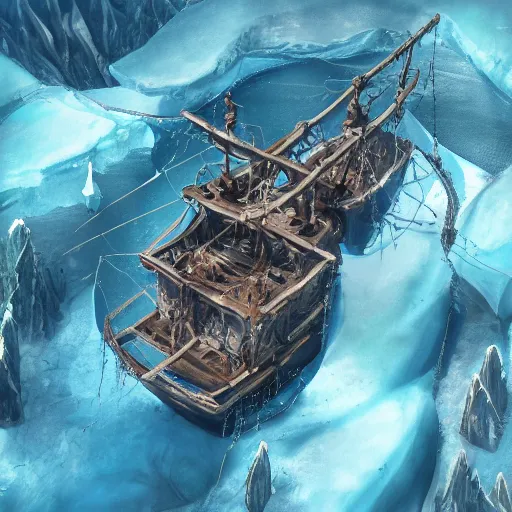 Image similar to sketch of an abandoned pirate ship encased in ice in an icy bay, aerial view, artwork by harumi hiornaka, highly detailed volumetric lighting, biomech style, concept art by michael hutter