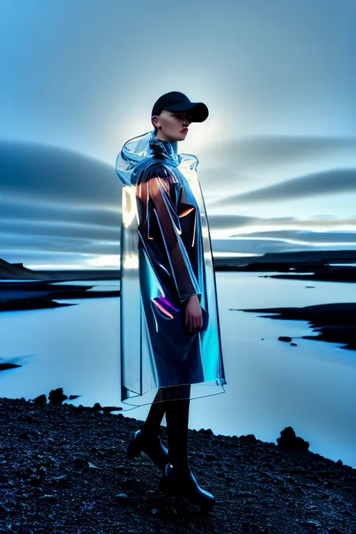 Image similar to an ultra high definition professional high fashion portrait studio full length photograph of a model wearing a transparent pearlescent raincoat and neon visor in an icelandic black rock environment at dawn. no artefacts. extremely detailed. stark. refraction. shallow depth of field. volumetric light and shadow. ray tracing. light rays.