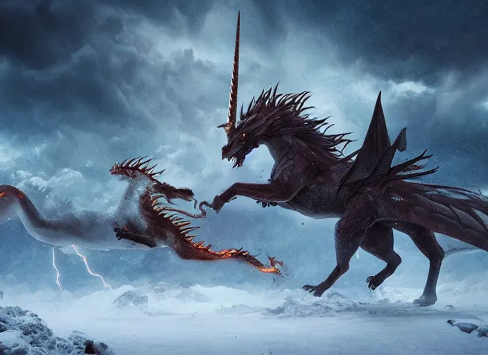 Image similar to unicorn fighting a dragon, beautiful snowy landscape, lightning storm, dramatic lightning, cinematic, establishing shot, extremly high detail, photorealistic, cinematic lighting, epic fight scene, post processed, concept art, artstation, matte painting, style by greg rutkowsky