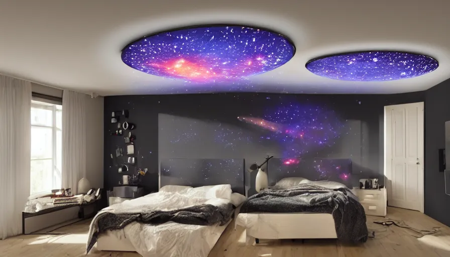 Image similar to diy arts and crafts project of a quatum generator projecting galaxies and black holes on your ceiling, realistic materials, hyperrealistic