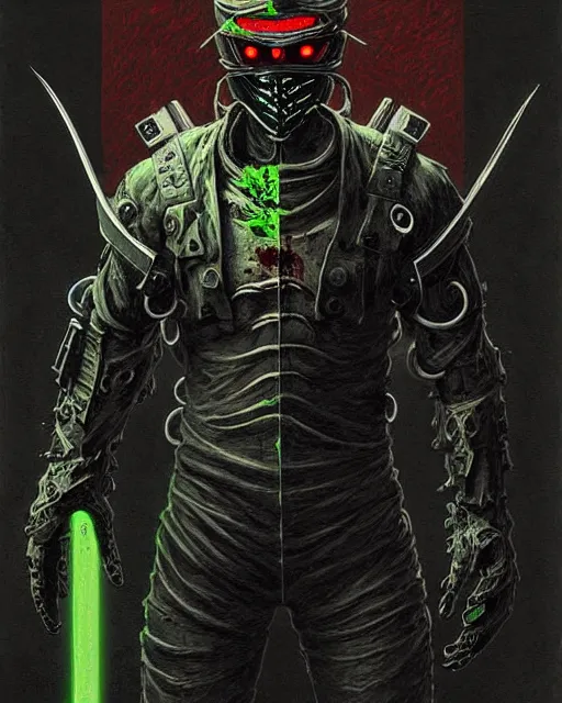 Image similar to genji the cyber ninja from overwatch, zombie ninja, character portrait, portrait, close up, concept art, intricate details, highly detailed, horror poster, horror, vintage horror art, realistic, terrifying, in the style of michael whelan, beksinski, and gustave dore