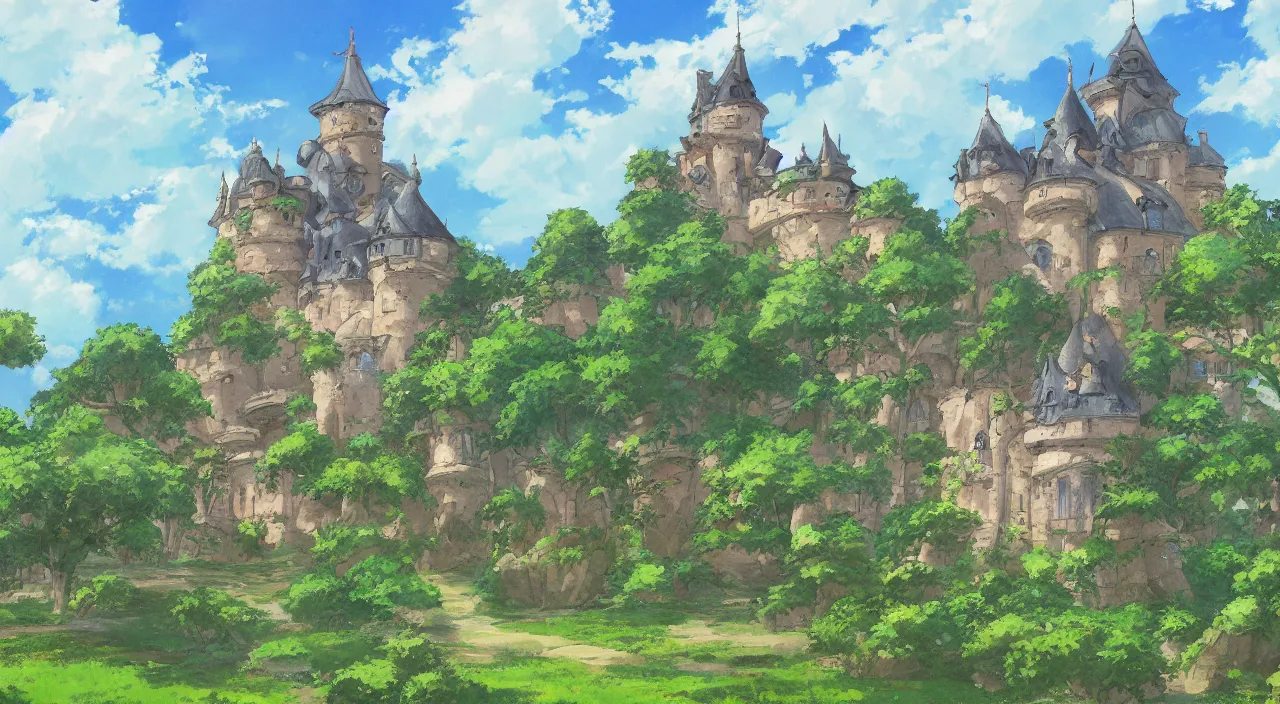 Image similar to a landscape painting of a French castle, with a garden, in the style of anime, by Studio Ghibli, trending on artstation