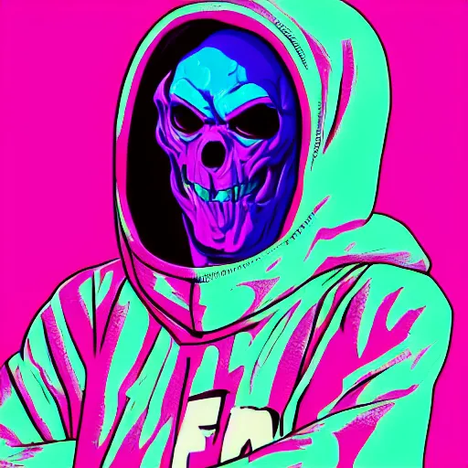 Image similar to swatcat skeletor in hoodie, portrait, vaporwave, synthwave, neon, vector graphics, cinematic, volumetric lighting, f 8 aperture, cinematic eastman 5 3 8 4 film, photorealistic