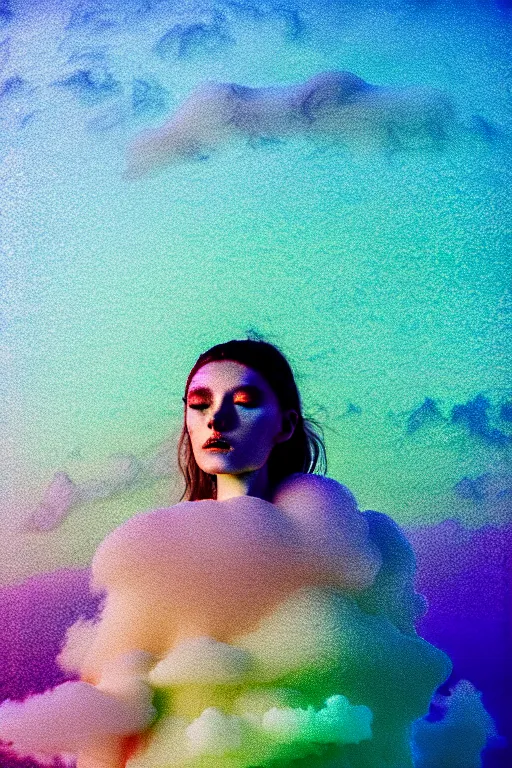 Image similar to high quality pastel coloured film close up wide angle photograph of a model wearing clothing swimming on cloud furniture in a icelandic black rock!! environment in a partially haze filled dreamstate world. three point light, rainbow. photographic production. art directed. pastel colours. volumetric clouds. pastel gradient overlay. waves glitch artefacts. extreme facial clarity. 8 k. filmic.