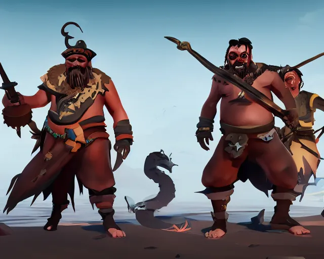 Image similar to sea of thieves concept art for a new large unreleased enemy type tribal men humans, cgsociety, trending on artstation, rare ltd,