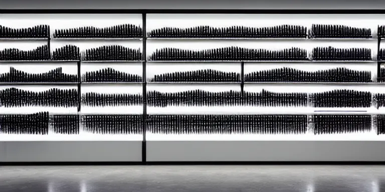 Image similar to dezeen showroom , minimalissimo, archdaily, ignant, teenage engineering moad, mother of all decks, product design concept, product shot of wall of synthesizers made by virgil abloh, jony ives , dieter rams, 8k, high detailed photo