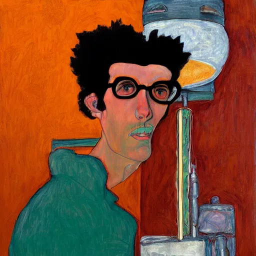 Image similar to a wide angle fine art painting of man with black hair using a weed grinder, rolling papers and a table lamp, high contrast, inspired by the styles of wes anderson, and egon schiele and ( edward hopper ), toned orange and pastel pink