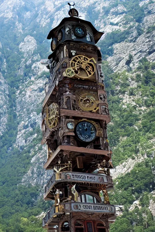 Image similar to the impossible clock tower on the top of a mountain, steampunk art