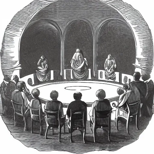 Image similar to 6 Gods seated in high chairs in a semi circle granting a wish to the man standing in front of them at the center of a circle