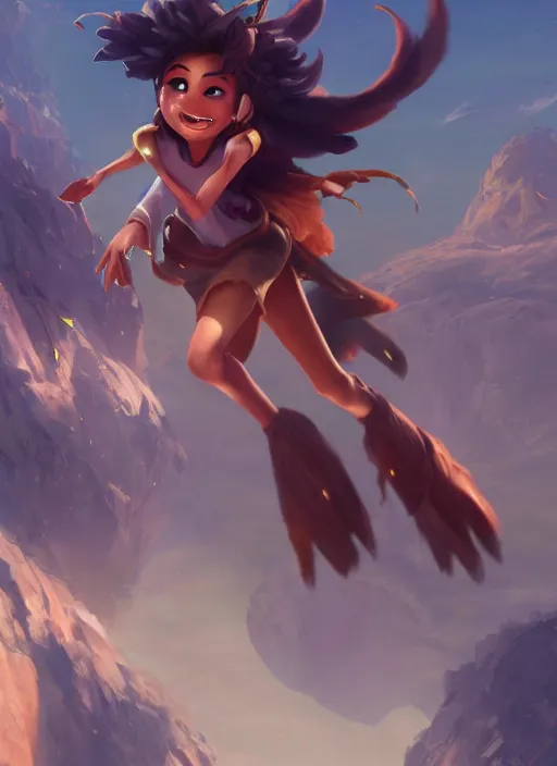 Image similar to joyful taliyah, from league of legends, au naturel, with abs, rock climbing, hyper detailed, mountain background, digital art, trending in artstation, cinematic lighting, studio quality, smooth render, unreal engine 5 rendered, octane rendered, art style by klimt and nixeu and ian sprigger and wlop and krenz cushart