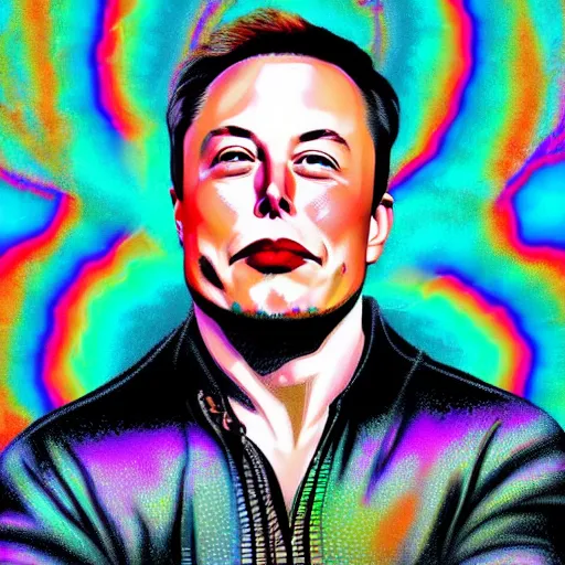 Image similar to a portrait of elon musk crying with a psychedelic background