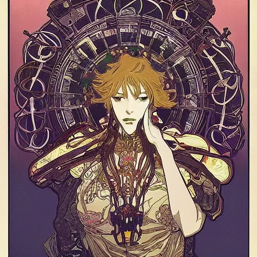 Image similar to alphonse mucha yoji shinkawa moebius jean girard shintaro kago junji ito esoteric hypnogogic ethereal ethereality dreamy combat mech dieselpunk incredible intricate machinery illusionary art and trash polka