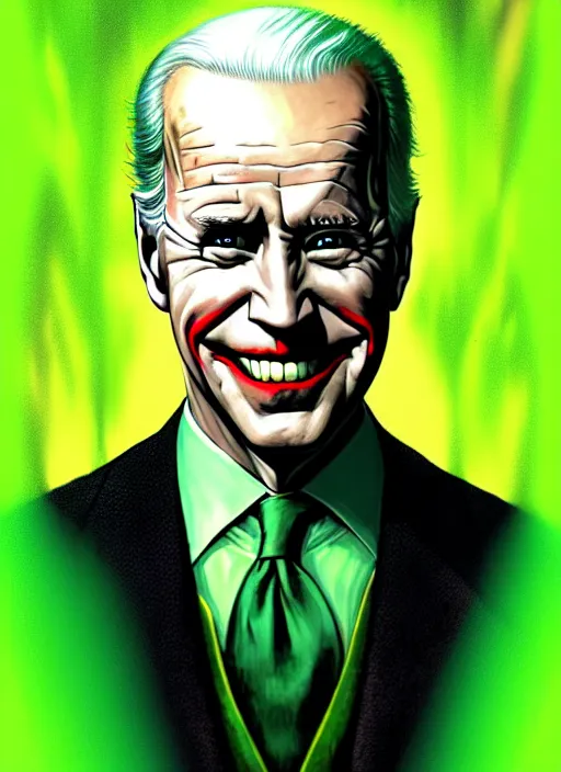 Image similar to portrait of joe biden as the joker, green hair, intricate, elegant, glowing lights, highly detailed, digital painting, artstation, concept art, sharp focus, illustration, art by wlop, mars ravelo and greg rutkowski