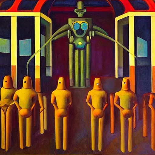 Image similar to robot druids in a grand processional, capital plaza, grant wood, pj crook, edward hopper, oil on canvas