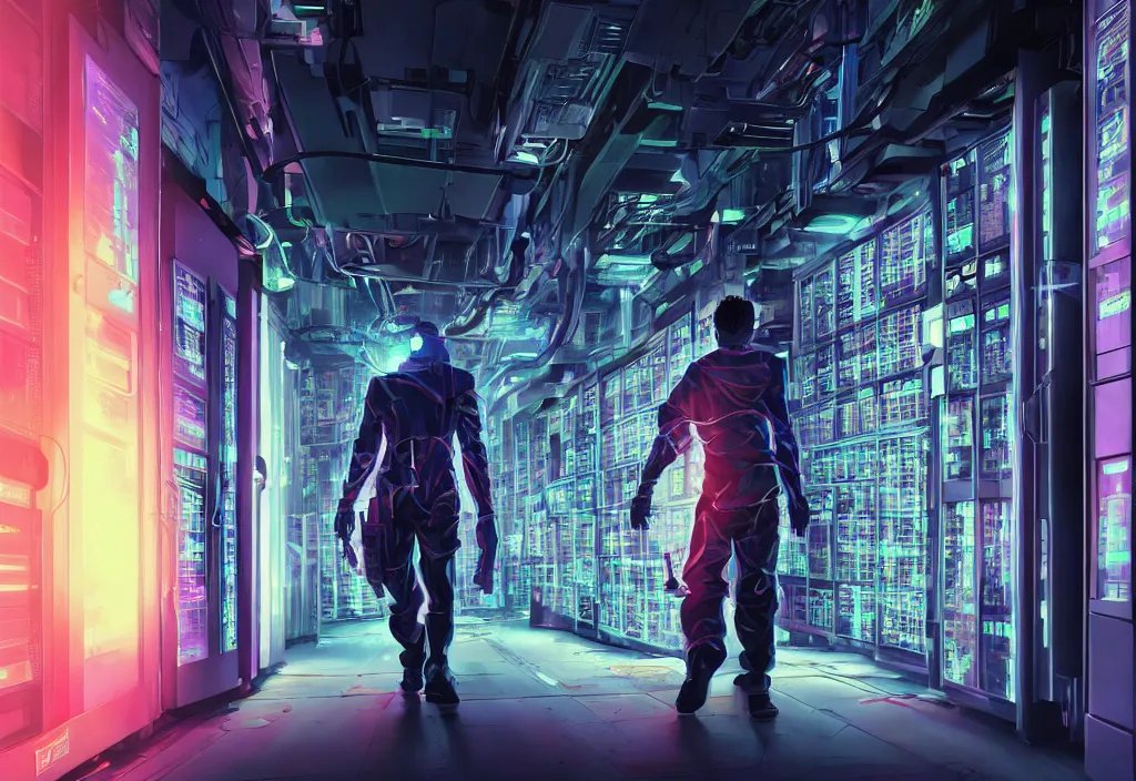 Prompt: art by by yoichi hatakenaka, cyberpunk art by asher brown durand, shot of film cyborg walking in server room in data center, character design, vivid color, extreamly detailed, complementary color, detailed, high quality, correct composision, trending on artstation, volumetric lighting, dramatic lighting