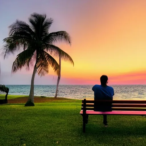 Prompt: a photo of a couple sitting on a park bench looking at a beautiful purple and yellow sunset over the ocean. The sky is green