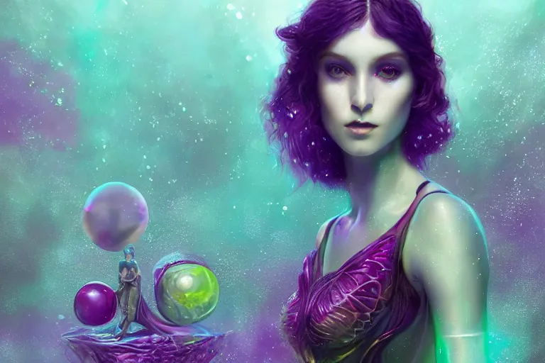 Image similar to tom bagshaw inspired, ultra realist portrait waves miniaturesdiamonds and rubies gems underwater curiosities reflections and refractions carnival, a single very beautiful enchantress in full underwater armor, symmetry accurate features, focus, very intricate ultrafine details, green purple aqua volumetric lights, award winning masterpiece, octane render 8 k hd