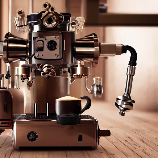 Prompt: dslr photo of a steampunk robotic espresso machine with small scientific gears, android coffee shop, 4 k, photorealistic, cycles render, unreal engine, cafe lighting, cinematic,