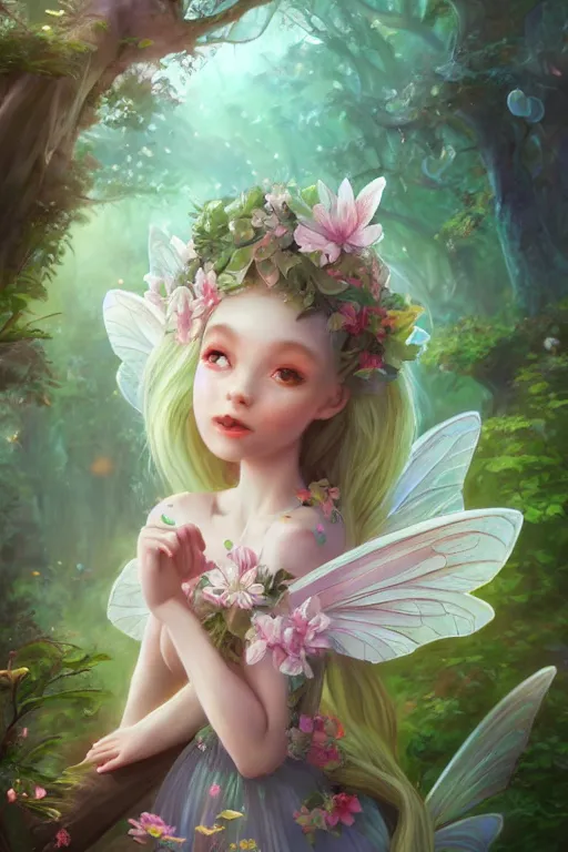 Image similar to a cute and geogerous fairy in the dreamy forest, fantasy, dreamlike, 8 k resolution, hyper detailed, d & d, character design, digital painting, trending on artstation, sharp focus, illustration, art by viktoria gavrilenko, hoang lap, fuji choko, steve zheng,