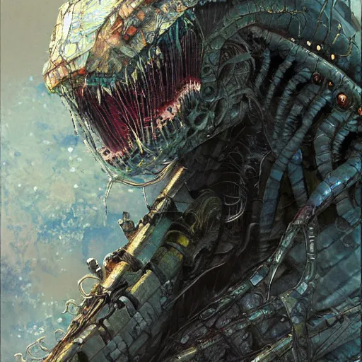 Image similar to a simple concept art portrait of a predatory robotic species. an award winning yoshitaka amano digital art poster color painting. a masterpiece by james gurney. poster colour on canvas.