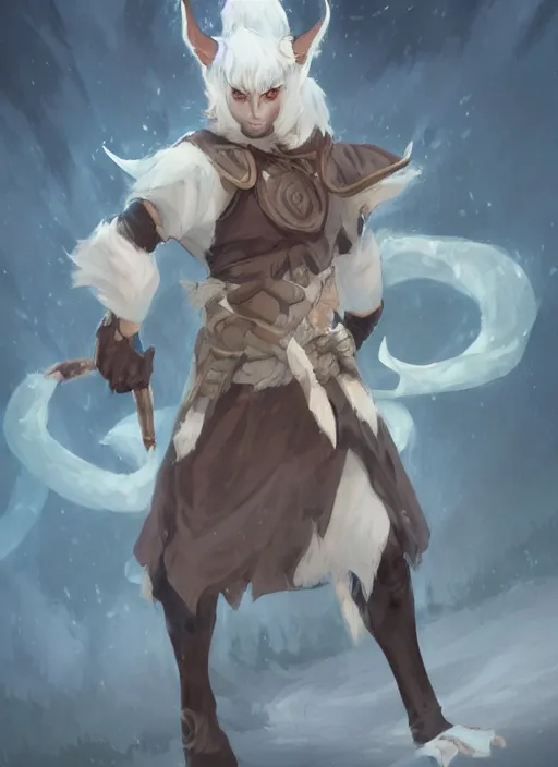 Image similar to concept art painting of a hybrid goat person with brown skin and short white hair, demon horns, elf ears, blue tunic and robes, detailed, d & d style, cel shaded, in the style of ruan jia and artgerm and makoto shinkai and james gurney