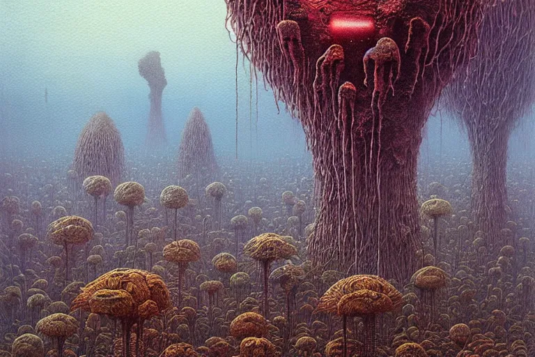 Image similar to a surreal and awe - inspiring science fiction landscape, alien plants and animals, intricate, elegant, highly detailed water colour painting by beksinski and simon stalenhag