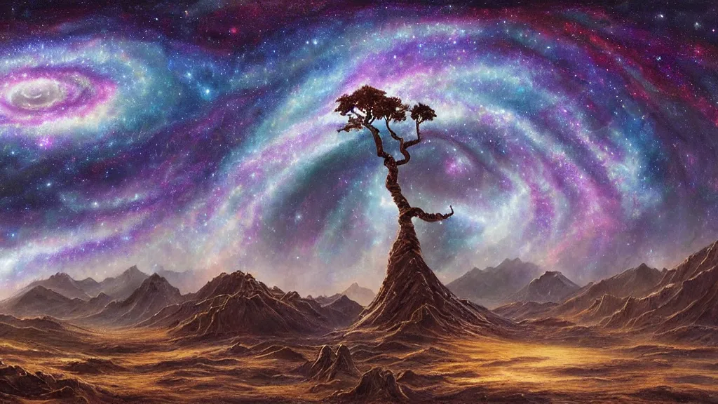 Prompt: a galaxy spiral tree in the center with mountains in the background, highly detailed oil painting, epic fantasy art, abstraction, masterpeice, 8k