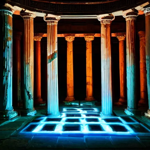 Prompt: long shot of mecha in Greek Temple, bioluminescence