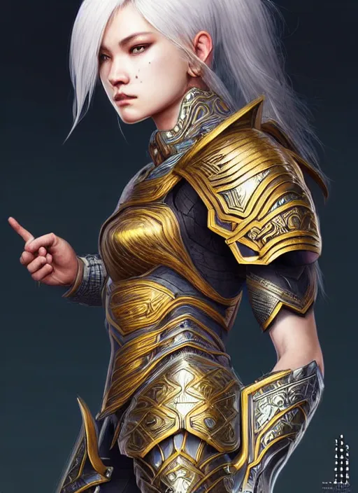 Image similar to warrior, intricate ornate opal heavy armor!!! beautiful and athletic white hair female!! gorgeous face and eyes!! character concept art, sharp focus, octane render! unreal engine 5! highly rendered!! trending on artstation!! detailed linework!! illustration by artgerm, wlop, and chie yoshii