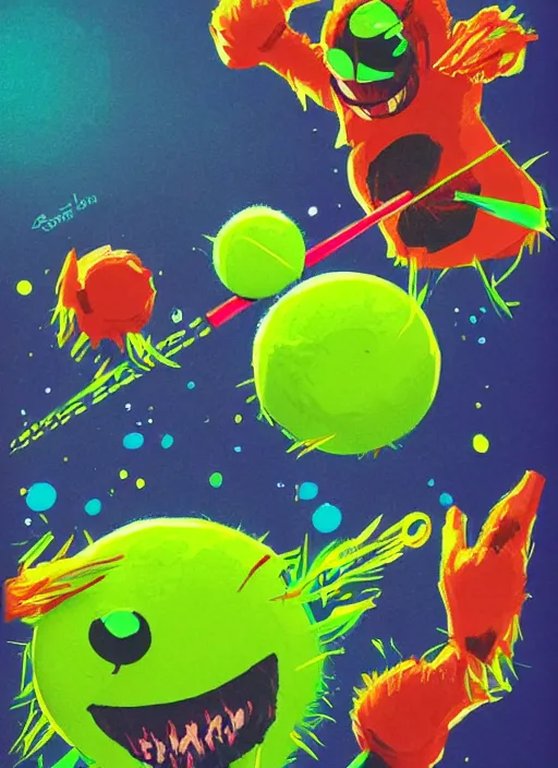 Prompt: tennis ball monsters playing tennis, a tennis ball monster ,tennis ball, Sci fi, lasers, digital art, fantasy, magic, trending on artstation, ultra detailed, professional illustration,chalk, poster artwork by Basil Gogos , clean