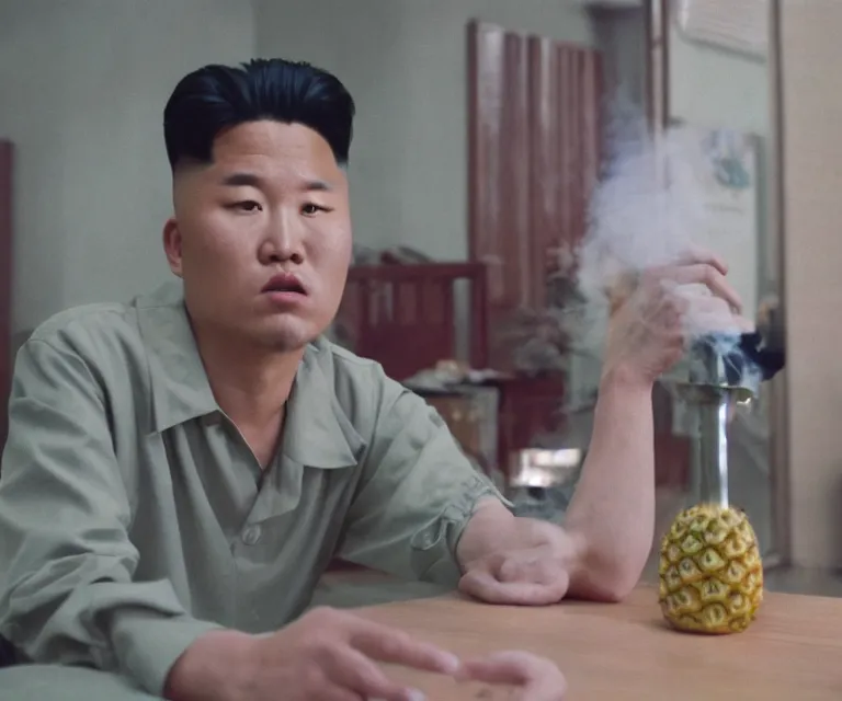 Prompt: hyperralism pineapple express movie still photography of detailed north korean kim chen with detailed face smoking weed in basement bedroom photography by araki nobuyoshi