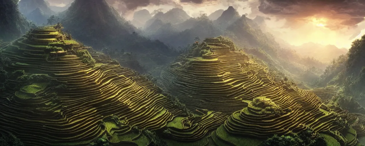 Image similar to an intricate concept art of sci - fi megastructures in rice terraces in the mountains, artstation, photorealistic movie still, sci - fi, hyper realistic, concept art, art by dylan cole, feng zhu, artgerm, greg rutkowski, cinematic lighting, octane render