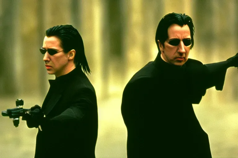 Image similar to film still of Alan Rickman as Neo in The Matrix 1999