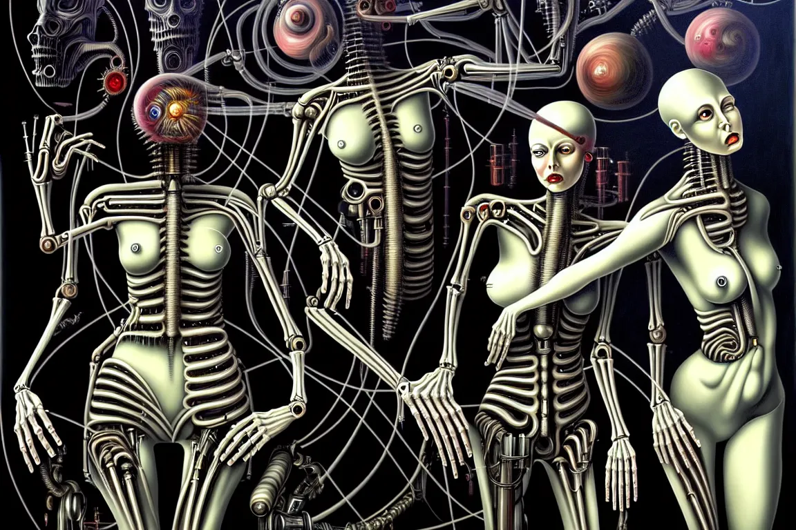 Image similar to A nightmarish dreamscape of two interconnected biomechanical android woman with surreal physiology, high details, surrealism, monochromatic airbrush painting, style of H. R. Giger, Caravaggio, Dali