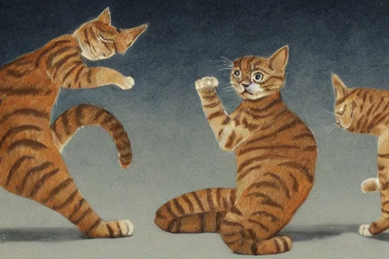 Prompt: a high detail paint of Two cats dancing around Jomon pottery, in simple background, concept art, mad painting