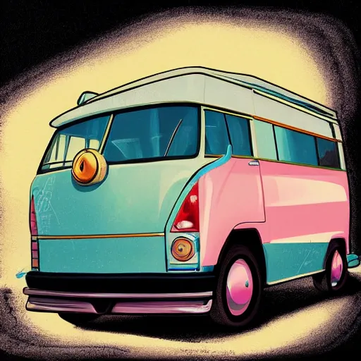 Image similar to retro painting illustration of a volswagen van, 2 d, pastel color, retro style art, trendy on artstation