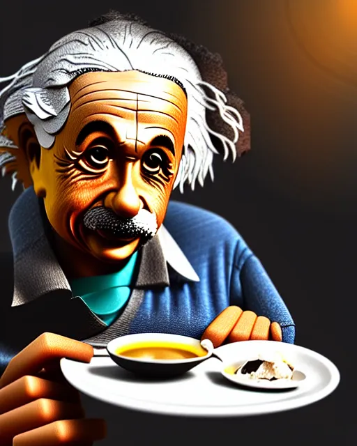 Prompt: A photo of Albert Einstein eating appam, highly detailed, trending on artstation, bokeh, 90mm, f/1.4