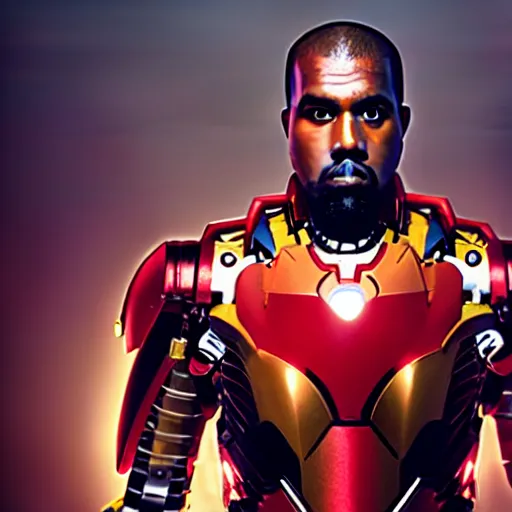 Image similar to Portrait of Kanye West in a Ironman-suit, splash art, movie still, cinematic lighting, dramatic, octane render, long lens, shallow depth of field, bokeh, anamorphic lens flare, 8k, hyper detailed, 35mm film grain