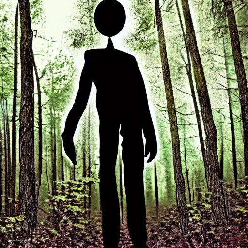 Prompt: overweight slenderman in the woods.