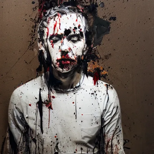 Image similar to matte portrait of a depressed young man covered in dirt and blood, by Antony Micallef by Ashley Wood
