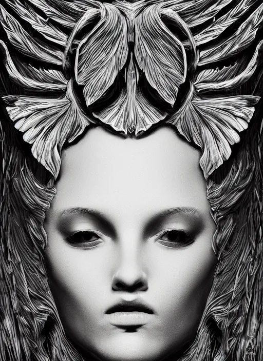 Image similar to Beautiful female angel, digital Art, trending on Artstation, dramatic lighting, face symmetry, intricate wings