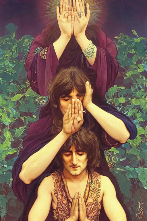 Image similar to young john lennon bodhisattva, praying, prayer hands, 1967 psychedelic portrait art by artgerm and greg rutkowski and alphonse mucha
