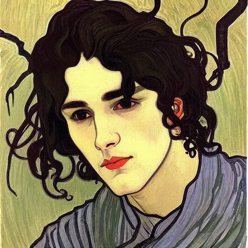 Prompt: painting of young cute handsome beautiful dark medium wavy hair man in his 2 0 s named shadow taehyung at the halloween matcha party, somber, depressed, melancholy, sad, elegant, clear, painting, stylized, delicate, soft facial features, delicate facial features, soft art, art by alphonse mucha, vincent van gogh, egon schiele