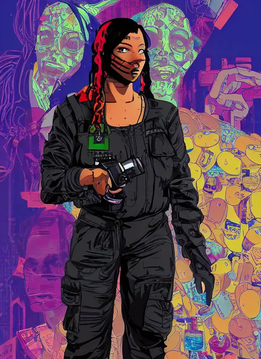 Image similar to maria igwe. cyberpunk hacker in tactical jumpsuit. portrait illustration, pop art, splash painting, art by geof darrow, ashley wood, alphonse mucha, makoto shinkai