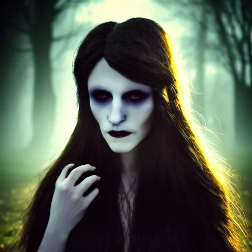 Image similar to portrait brunette PANDORA, Captivating, Noble, New Tales of the Vampires character, Highgate cemetery, face centred, fog, volumetric lighting, beautiful, blueish moonlight, sharp focus, ultra detailed, cgsociety