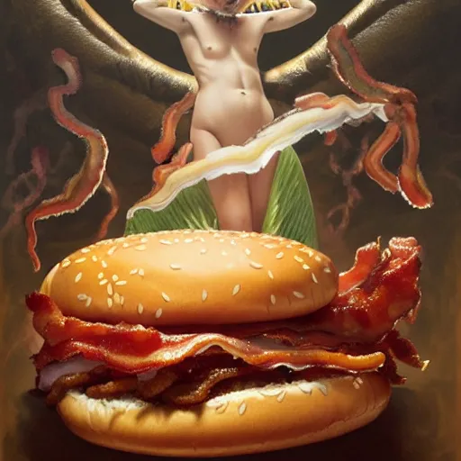 Prompt: detailed full body concept art illustration oil painting of Daniel Day Lewis molesting and groping hamburgers, extra ketchup, bacon lettuce and tomatos, oriental art nouveau, frock, mid body, radiant halo of light, black gold smoke ink, fat man covered in bacon and cheese, peter mohrbacher, artgerm