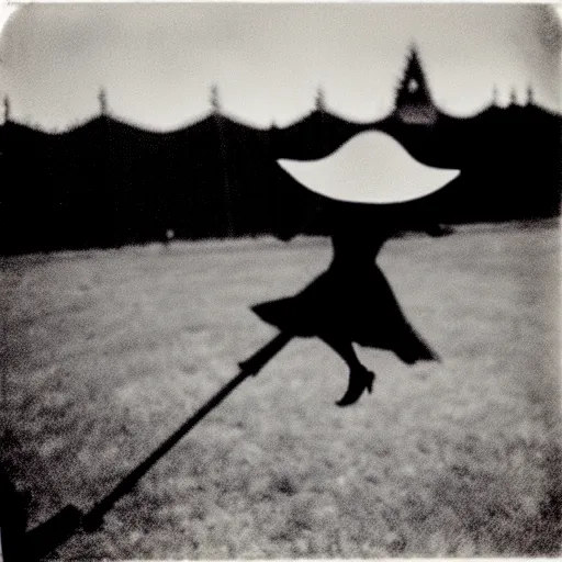 Image similar to pinhole camera photo of a witch flying on a broomstick