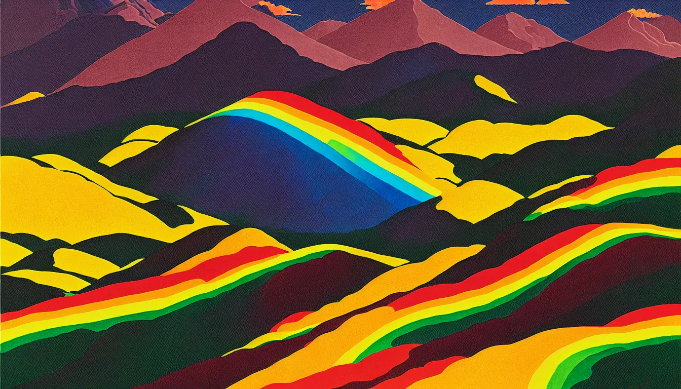 Prompt: rainbow over mountain by dan mumford and peter doig and edward hopper, symmetrical, minimal, black ink, thick lines highly detailed, muted colours 8 k