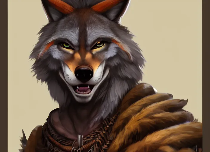 Prompt: smug smirk sardonic character portrait feature of the anthro male anthropomorphic wolf fursona animal person wearing tribal primitive caveman outfit belt standing in the entrance to the cave, well framed character design stylized by charlie bowater, ross tran, artgerm, makoto shinkai, detailed, soft lighting, rendered in octane